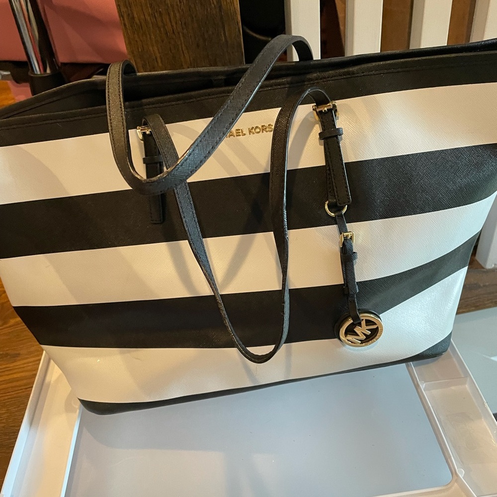 Michael Kors white and black striped tote